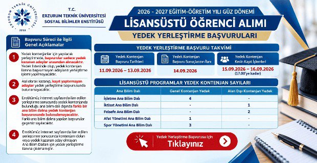 2026-2027 Eğitim-Öğretim Yılı Güz Dönemi Lisansüstü Öğrenci Alımı Yedek Başvuru İlanı